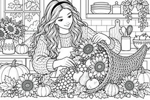 A girl with long wavy hair arranges a plentiful cornucopia filled with sunflowers, apples, pears, grapes, and pumpkins on a kitchen counter. Autumn leaves, flowers, and seasonal vegetables surround her, with a window showing trees covered in fall leaves and kitchen utensils in the background.