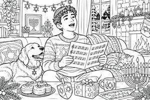 A boy sits on a couch singing from sheet music in a festively decorated living room. A dog and a cat rest beside him, while candles, menorah, sufganiyot, and Hanukkah symbols fill the scene. Snow falls gently outside the window, creating a warm holiday setting.