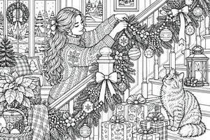 Woman in patterned sweater decorates a staircase railing with pine, baubles, and bows while a cat sits among gifts. A snowy window view is visible in the background.