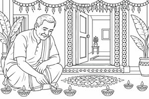A man crouches to light oil lamps in front of a highly decorated doorway with flower garlands and potted plants. A large rangoli pattern is on the ground, and an inviting home is seen beyond the door.